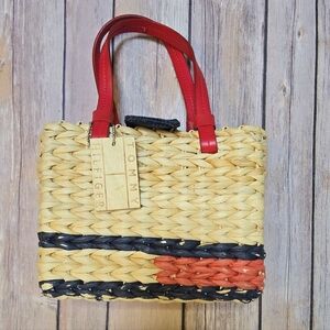 Tommy Hilfiger Woven Straw Tote with Red Handles